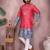 Red embroidered khadi cotton kurta with printed cuffs & white pyjama set – festive wear