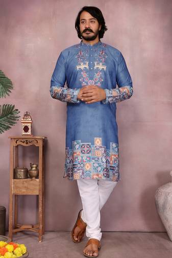 Denim blue blended cotton men   s kurta pyjama with embroidered & geometric print     festive wear