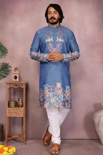 Denim blue blended cotton men   s kurta pyjama with embroidered & geometric print     festive wear