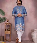 Denim blue blended cotton men   s kurta pyjama with embroidered & geometric print     festive wear