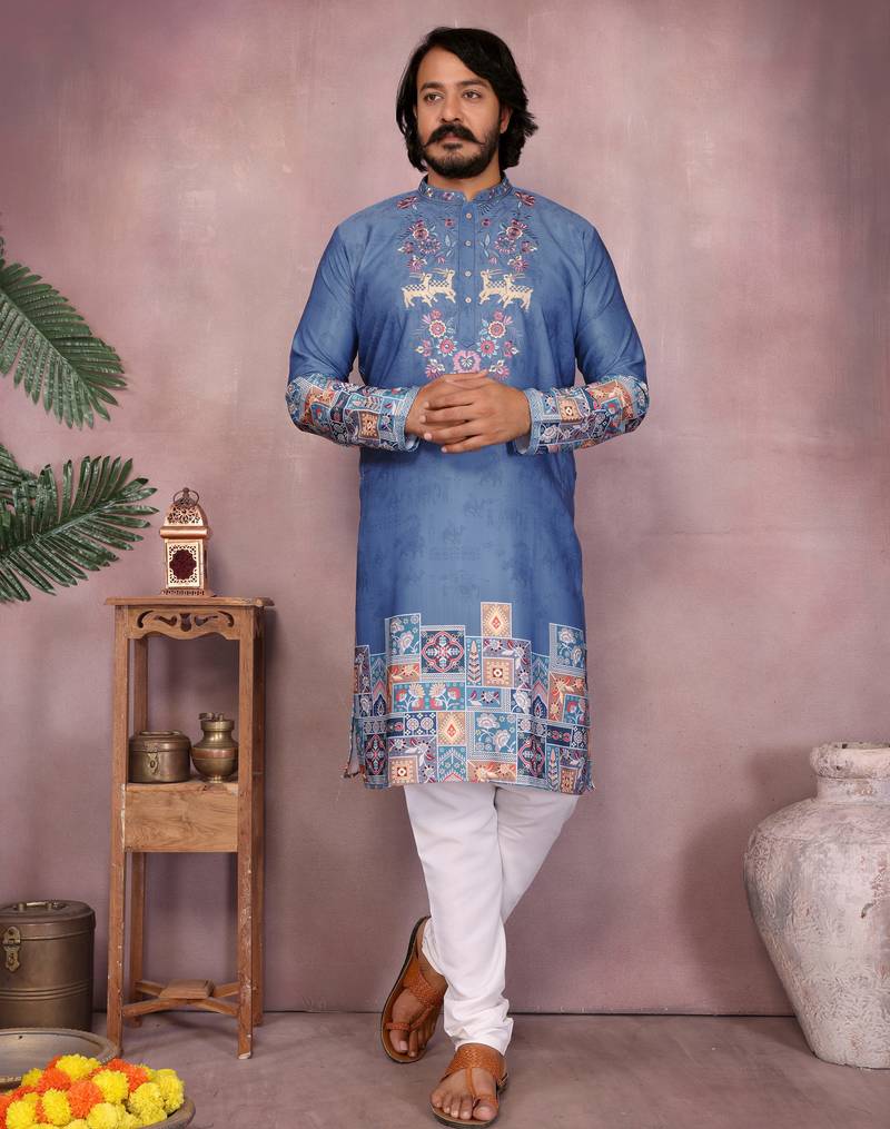 Denim blue blended cotton men   s kurta pyjama with embroidered & geometric print     festive wear