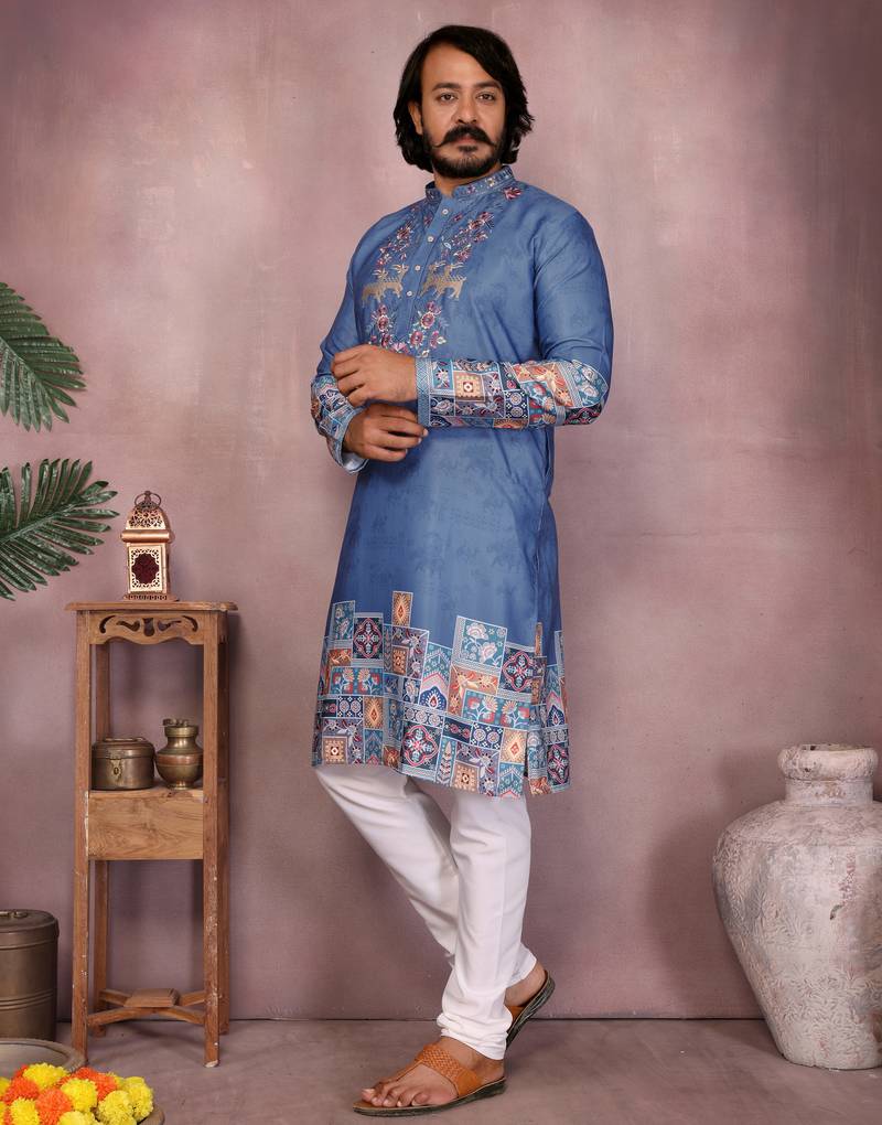 Denim blue blended cotton men   s kurta pyjama with embroidered & geometric print     festive wear