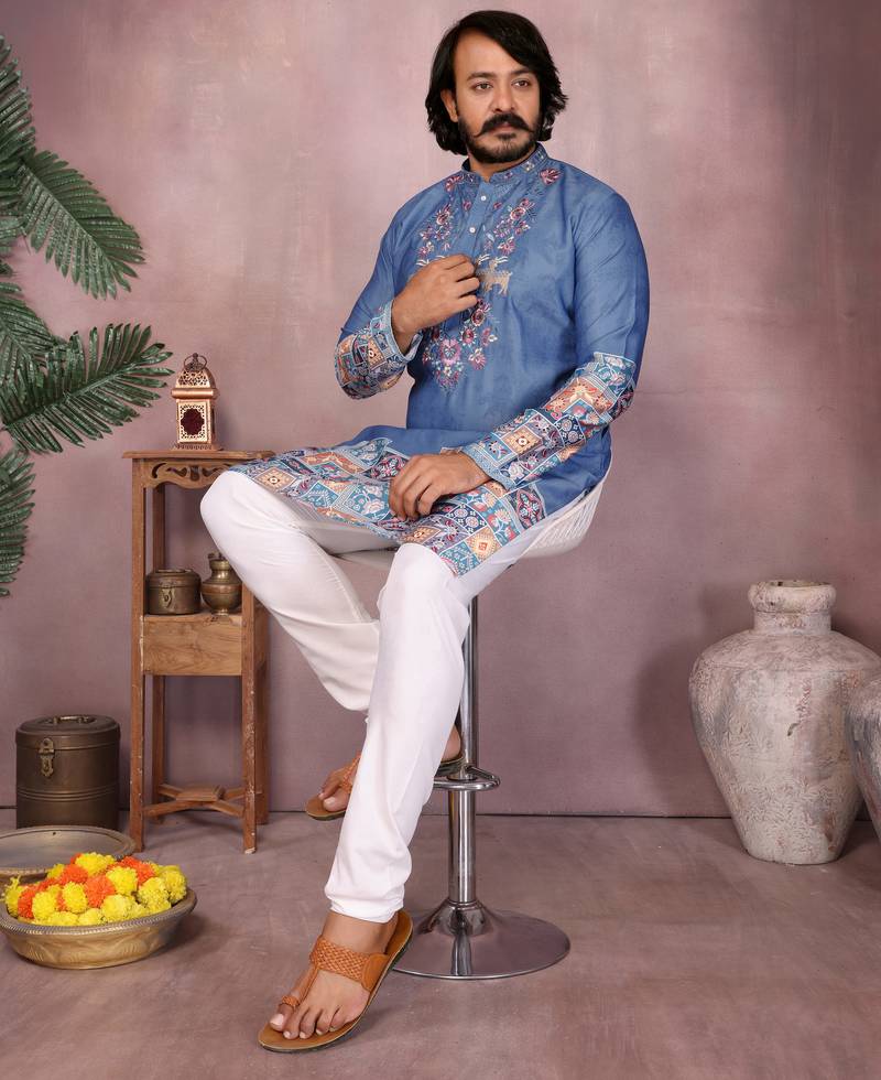 Denim blue blended cotton men   s kurta pyjama with embroidered & geometric print     festive wear