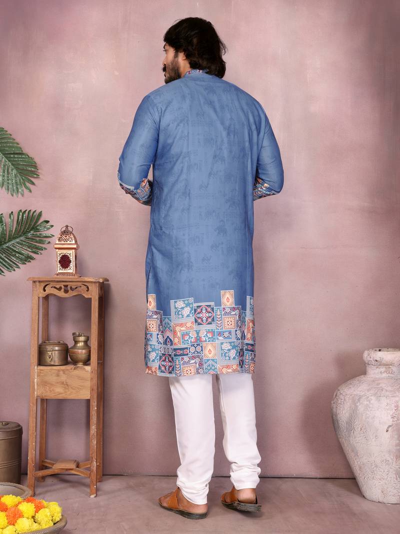 Denim blue blended cotton men   s kurta pyjama with embroidered & geometric print     festive wear