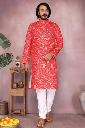Red cotton blend printed geometric kurta pyjama set with band collar