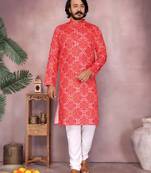 Red cotton blend printed geometric kurta pyjama set with band collar