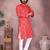 Red cotton blend printed geometric kurta pyjama set with band collar
