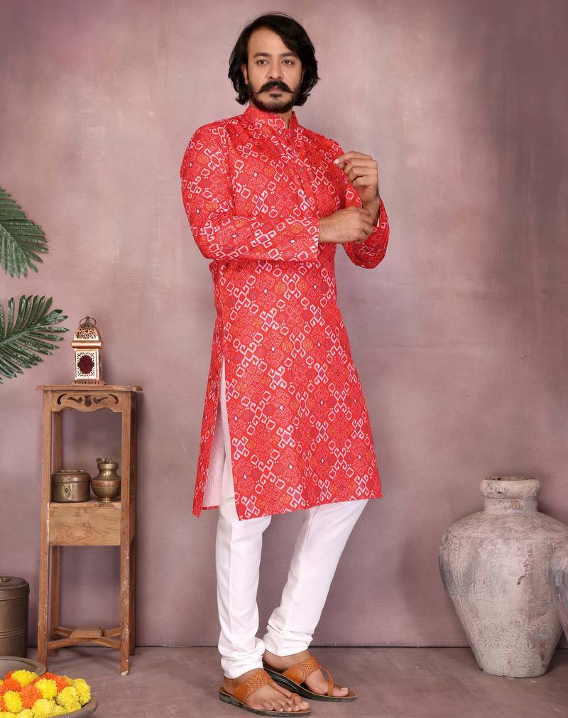 Red cotton blend printed geometric kurta pyjama set with band collar