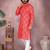 Red cotton blend printed geometric kurta pyjama set with band collar