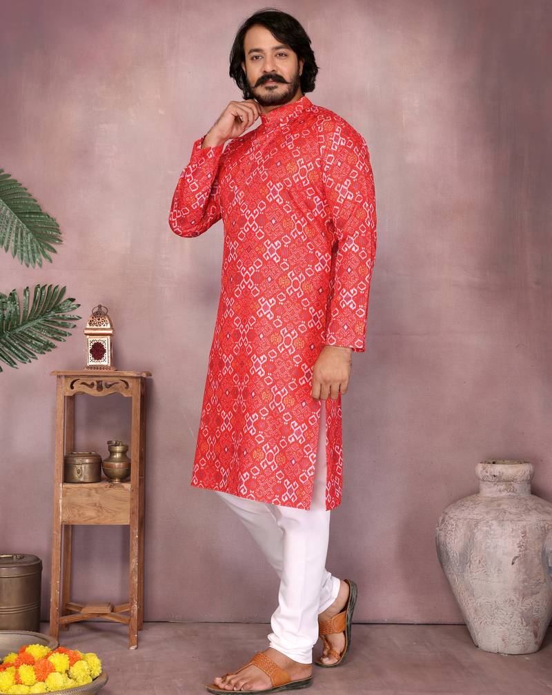 Red cotton blend printed geometric kurta pyjama set with band collar