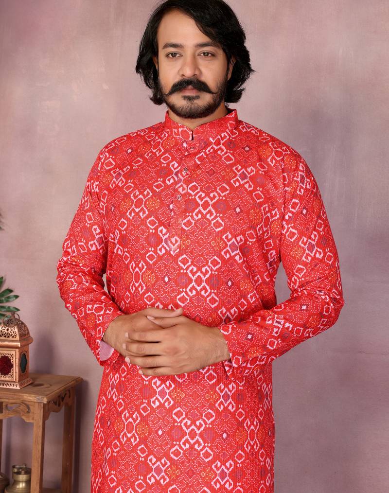 Red cotton blend printed geometric kurta pyjama set with band collar