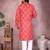 Red cotton blend printed geometric kurta pyjama set with band collar