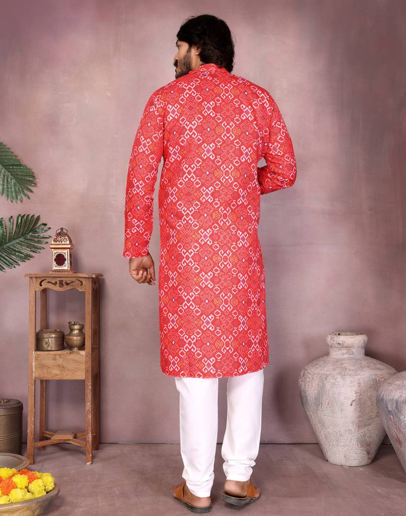 Red cotton blend printed geometric kurta pyjama set with band collar