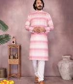 Pink printed cotton blend band collar men   s kurta pyjama set     festive & wedding wear