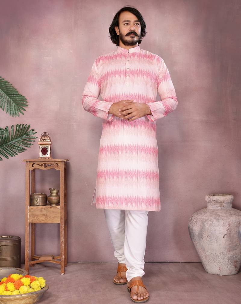 Pink printed cotton blend band collar men   s kurta pyjama set     festive & wedding wear