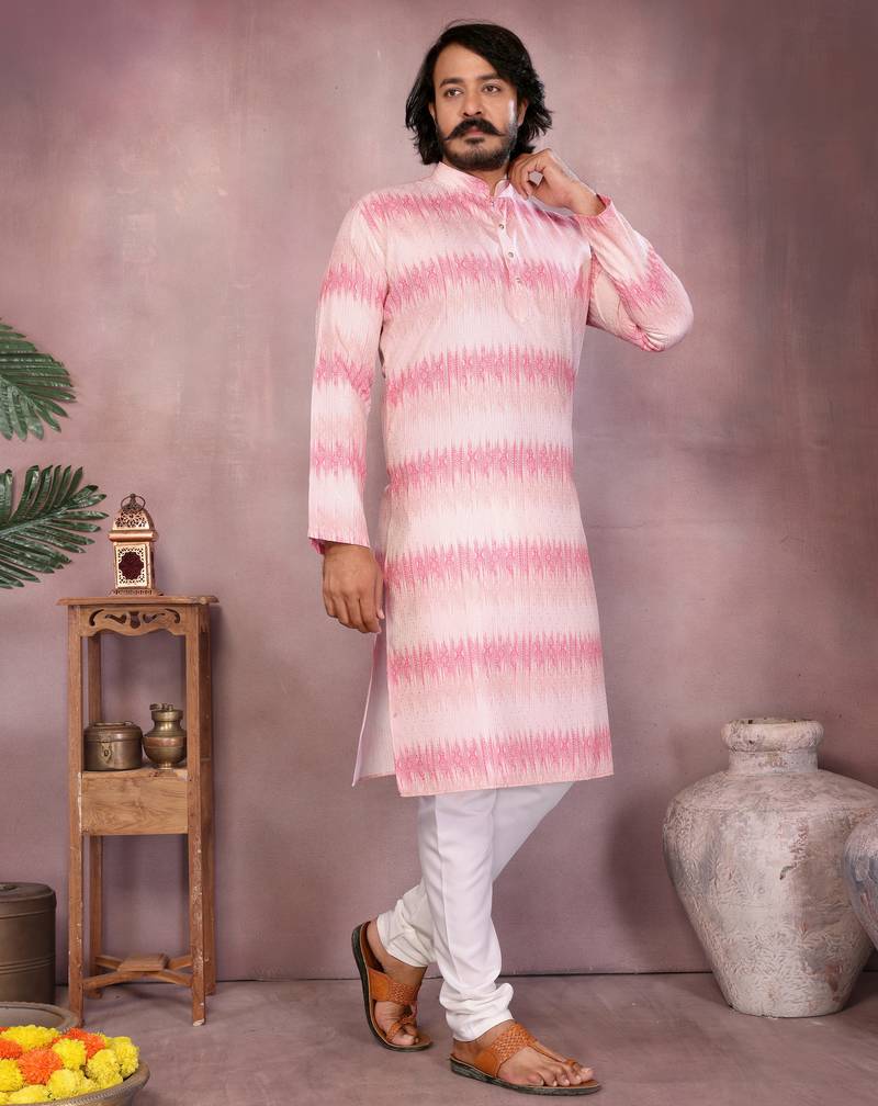 Pink printed cotton blend band collar men   s kurta pyjama set     festive & wedding wear