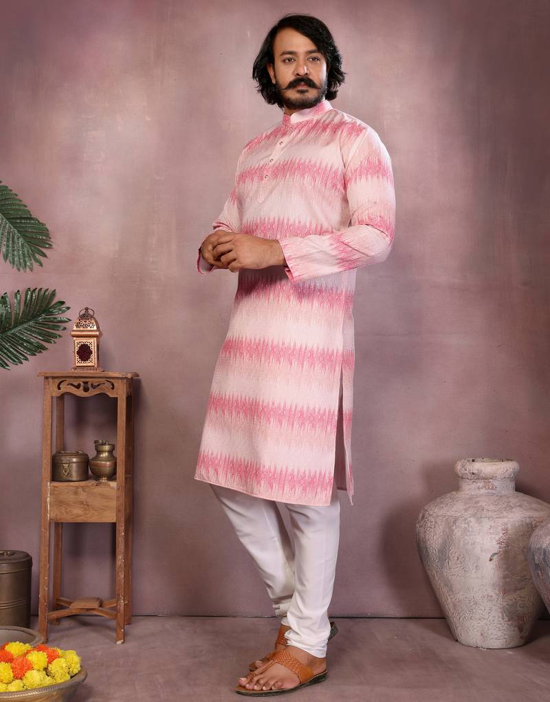 Pink printed cotton blend band collar men   s kurta pyjama set     festive & wedding wear