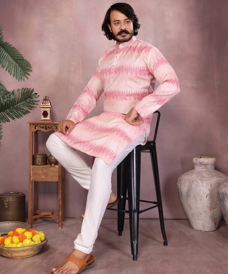 Pink printed cotton blend band collar men   s kurta pyjama set     festive & wedding wear