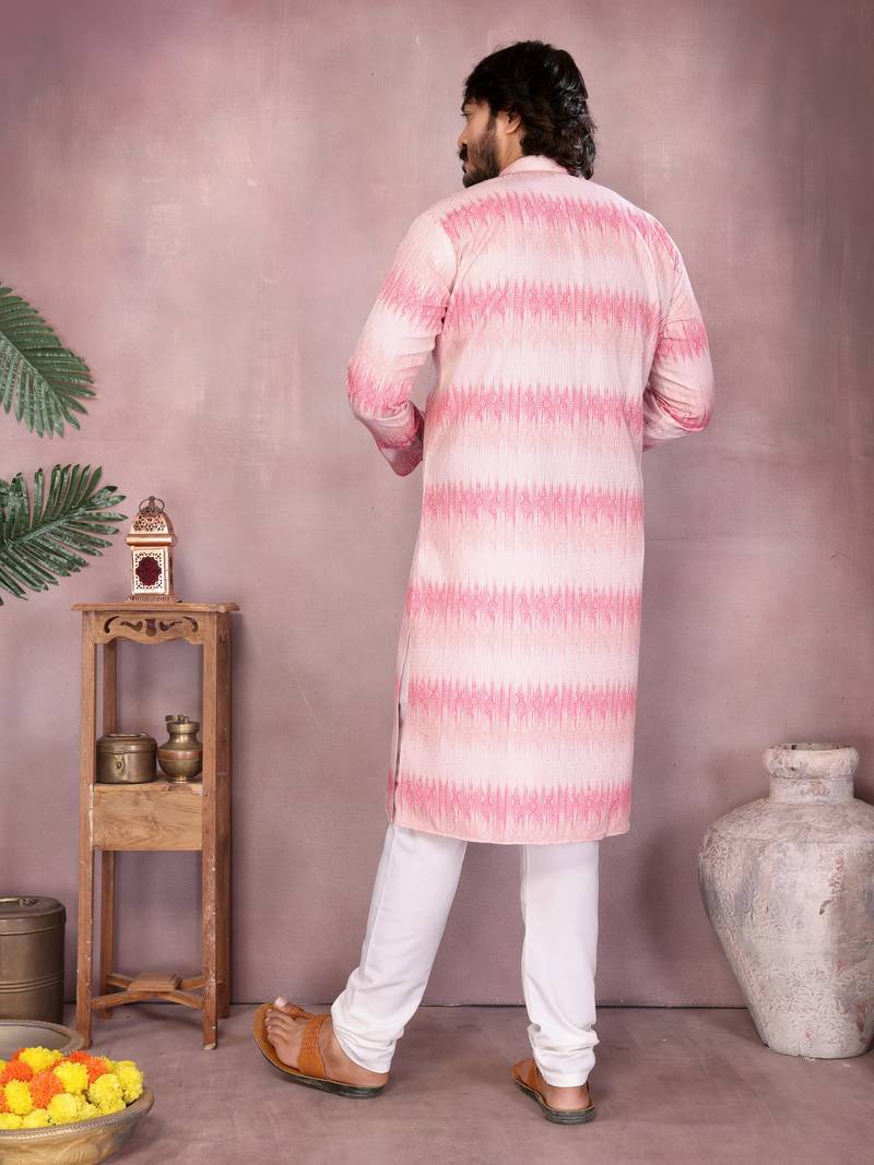 Pink printed cotton blend band collar men   s kurta pyjama set     festive & wedding wear