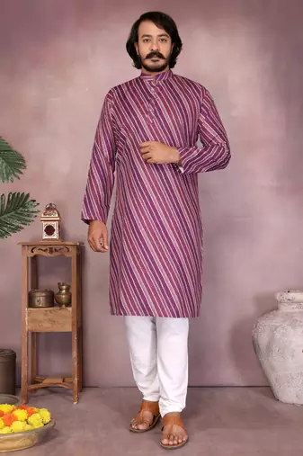 Pink striped printed cotton blend band collar kurta with white pyjama | trendy festive set