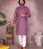 Pink striped printed cotton blend band collar kurta with white pyjama | trendy festive set