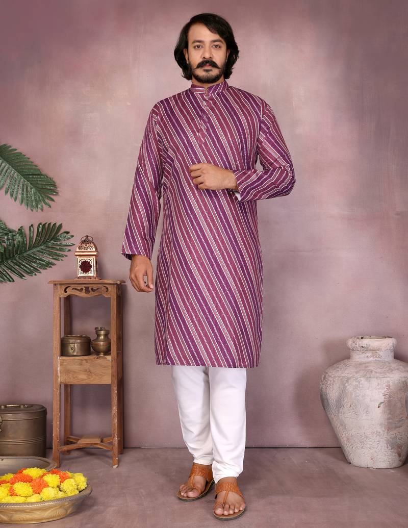 Pink striped printed cotton blend band collar kurta with white pyjama | trendy festive set