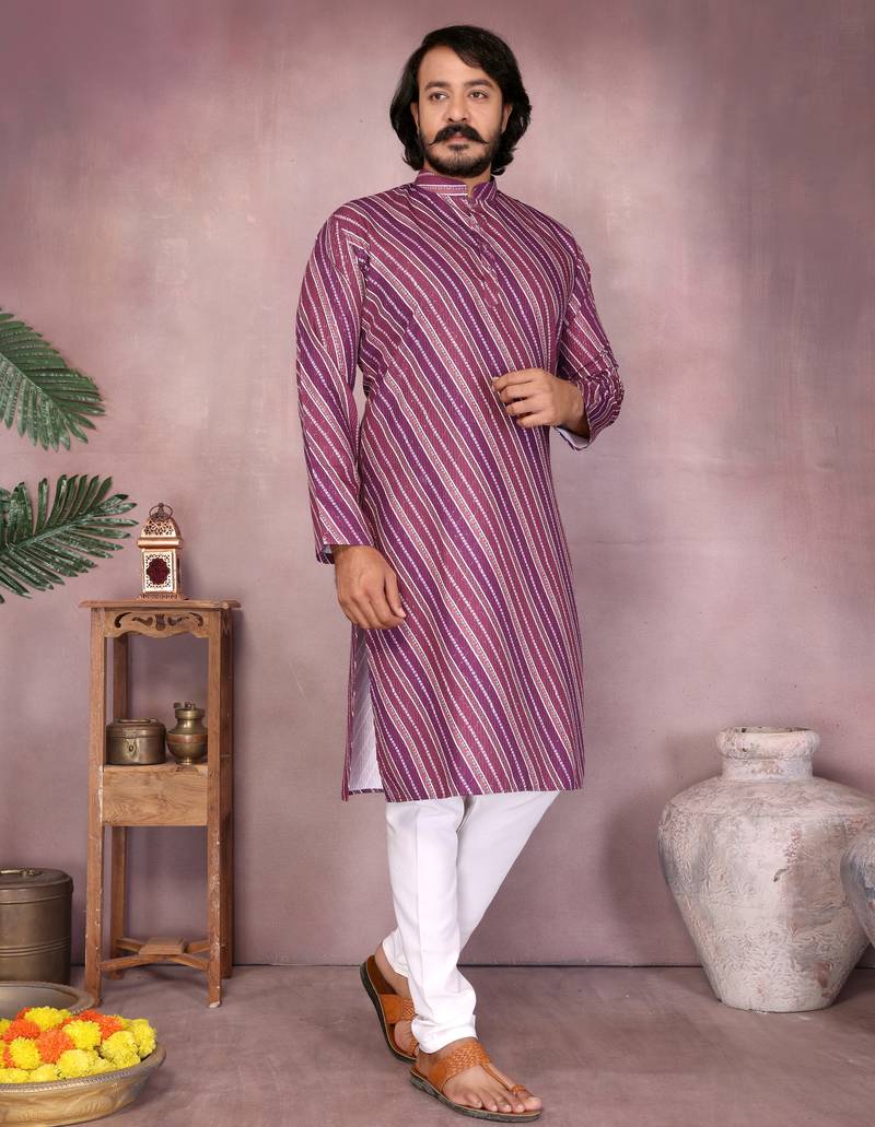Pink striped printed cotton blend band collar kurta with white pyjama | trendy festive set
