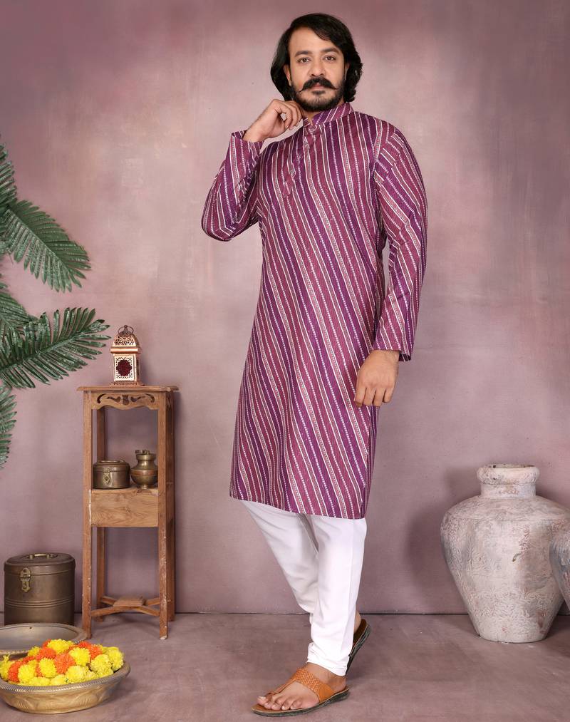 Pink striped printed cotton blend band collar kurta with white pyjama | trendy festive set