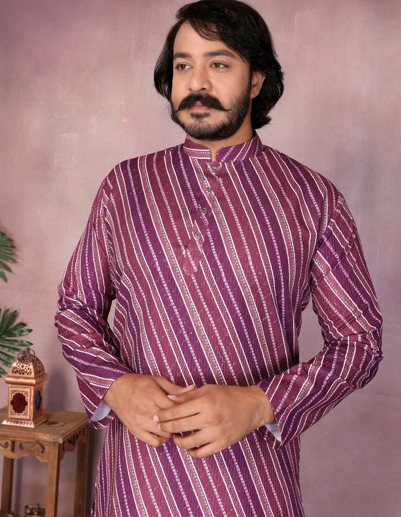 Pink striped printed cotton blend band collar kurta with white pyjama | trendy festive set