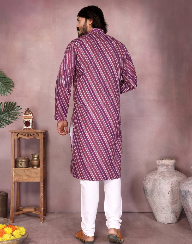 Pink striped printed cotton blend band collar kurta with white pyjama | trendy festive set