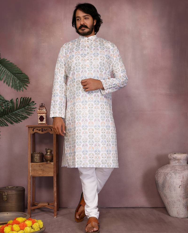White floral printed blended cotton band collar men   s kurta pyjama set     festive & trendy