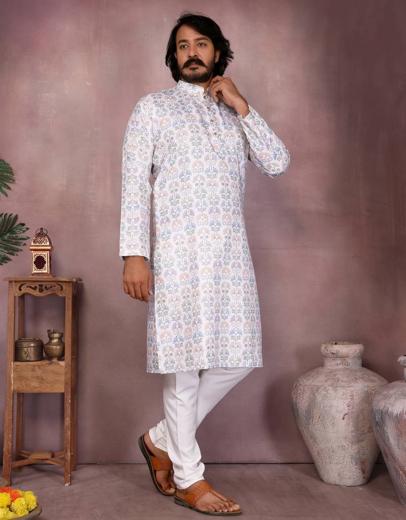 White floral printed blended cotton band collar men   s kurta pyjama set     festive & trendy
