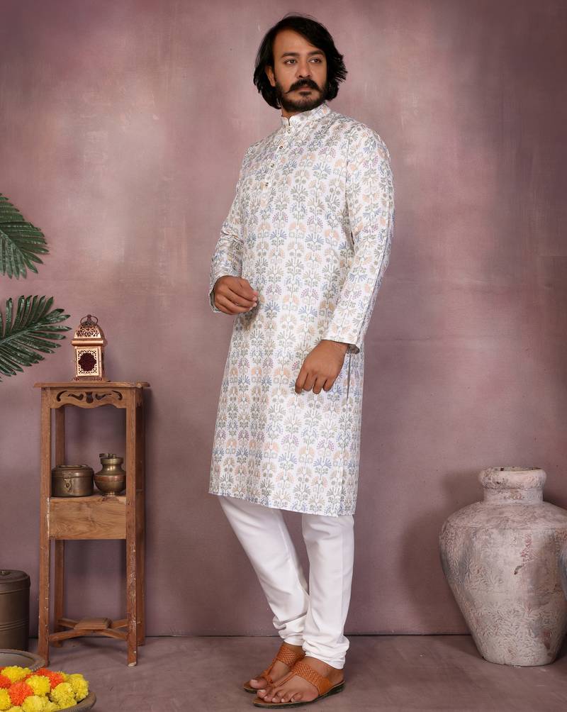 White floral printed blended cotton band collar men   s kurta pyjama set     festive & trendy
