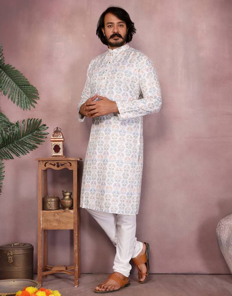 White floral printed blended cotton band collar men   s kurta pyjama set     festive & trendy