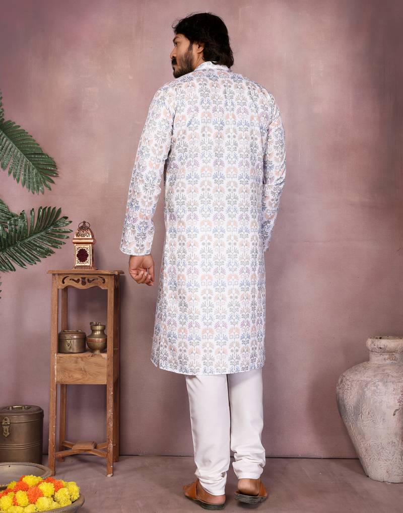 White floral printed blended cotton band collar men   s kurta pyjama set     festive & trendy