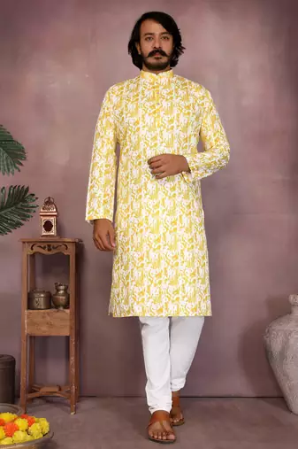 Yellow printed blended cotton band collar kurta pyjama set for men