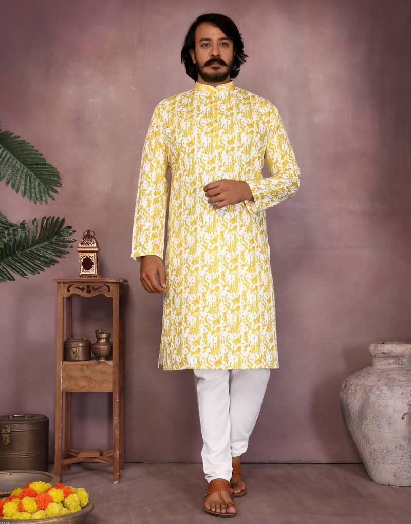 Yellow printed blended cotton band collar kurta pyjama set for men
