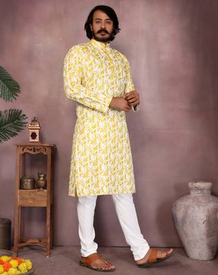 Yellow printed blended cotton band collar kurta pyjama set for men 2