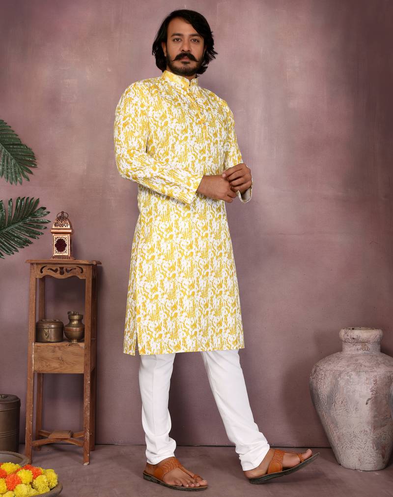 Yellow printed blended cotton band collar kurta pyjama set for men