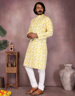 Yellow printed blended cotton band collar kurta pyjama set for men 3