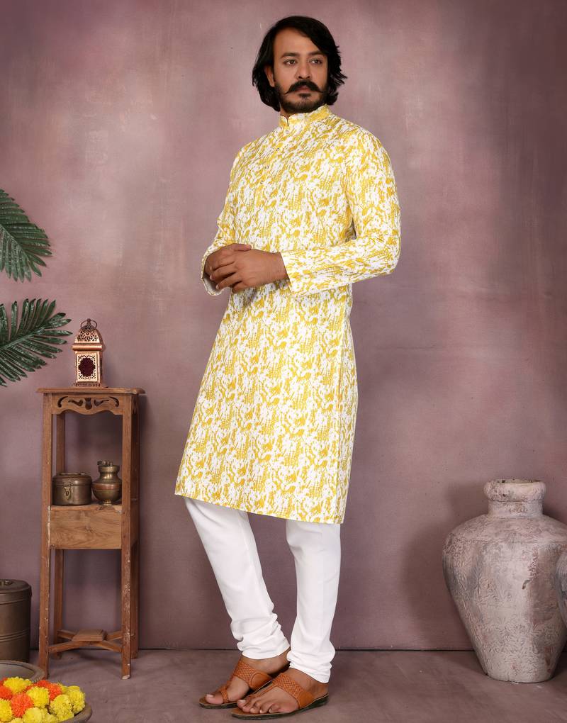 Yellow printed blended cotton band collar kurta pyjama set for men