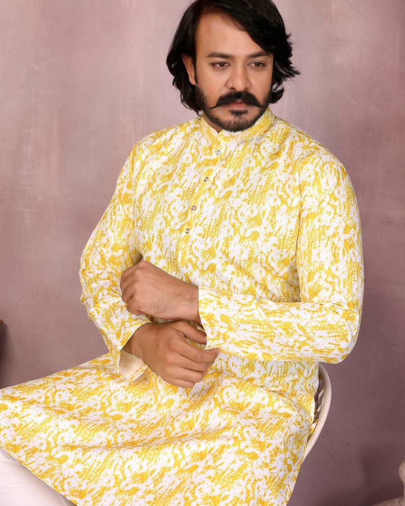 Yellow printed blended cotton band collar kurta pyjama set for men
