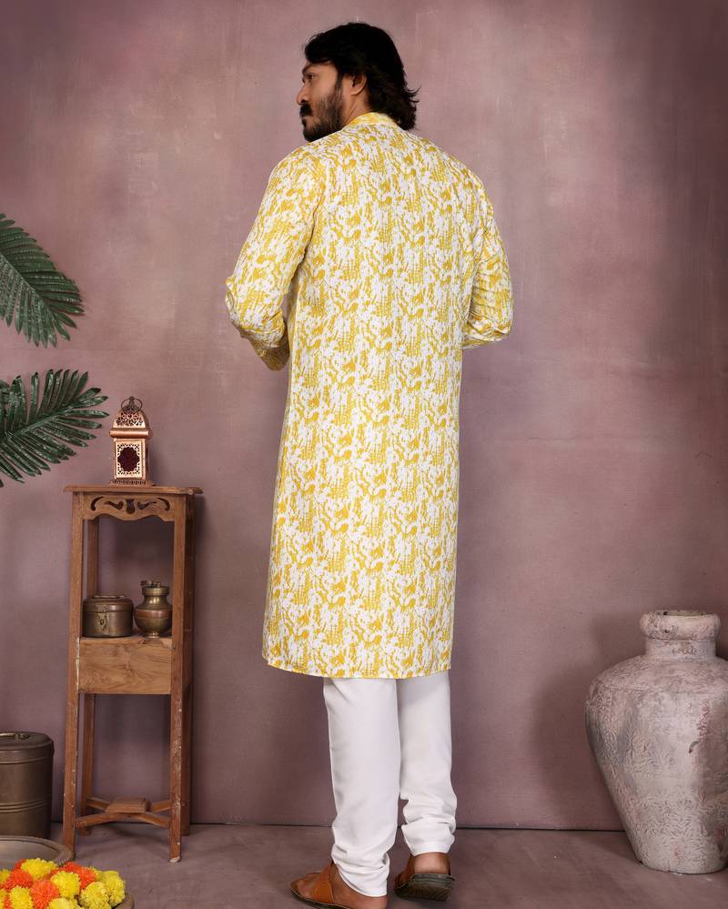 Yellow printed blended cotton band collar kurta pyjama set for men