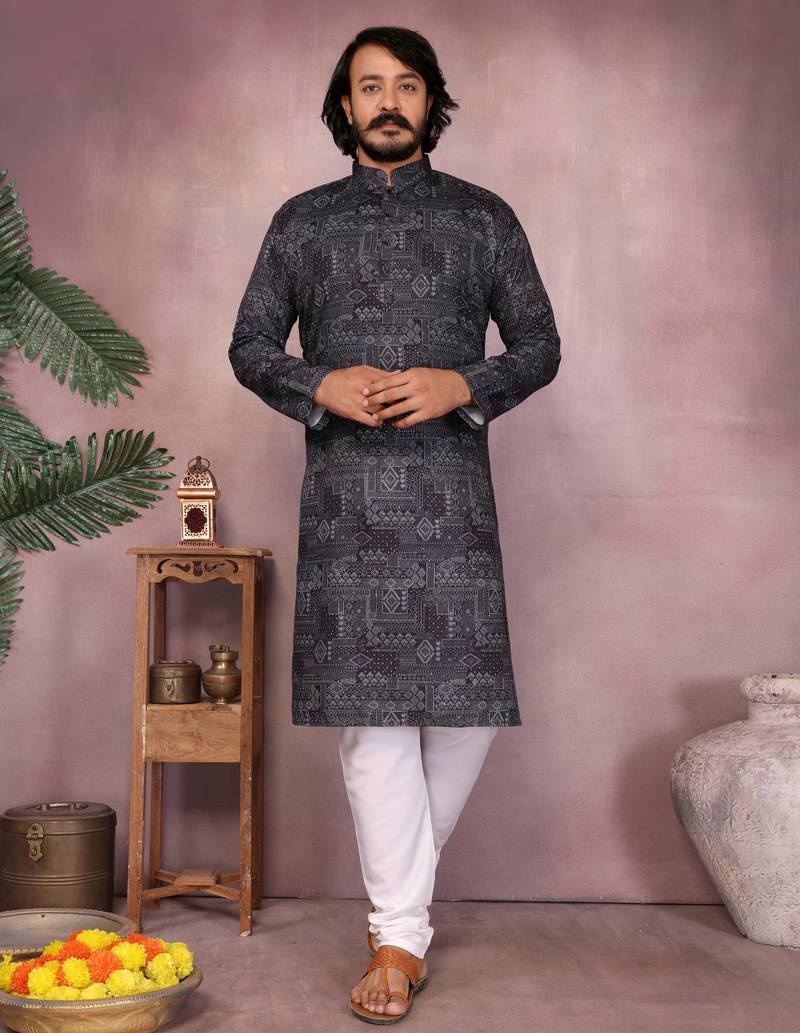 Black geometric printed cotton blend kurta with white pyjama