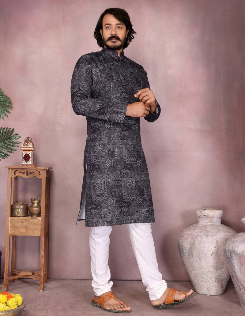 Black geometric printed cotton blend kurta with white pyjama