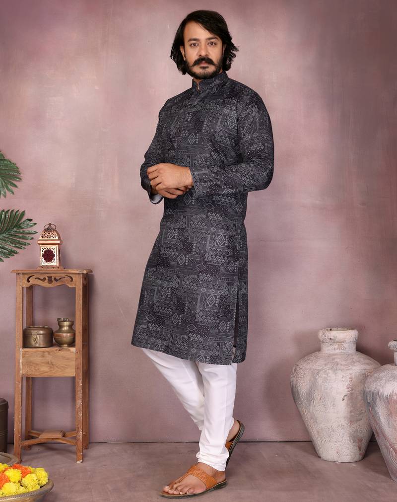 Black geometric printed cotton blend kurta with white pyjama