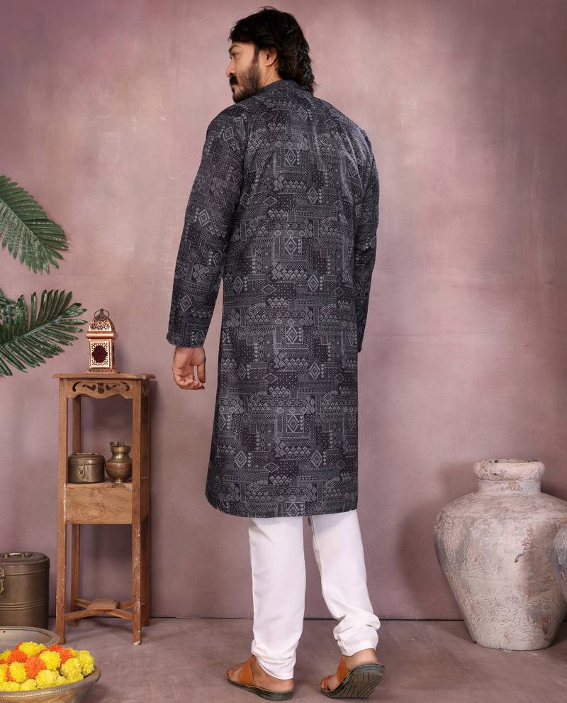 Black geometric printed cotton blend kurta with white pyjama