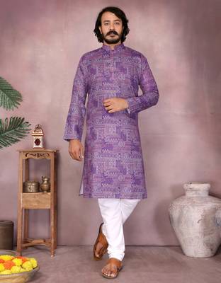 Purple geometric printed blended cotton kurta pyjama set for men 1