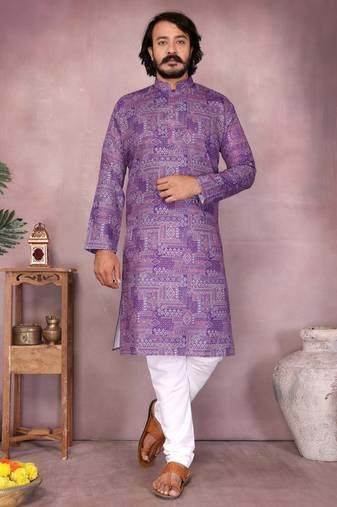 Purple geometric printed blended cotton kurta pyjama set for men