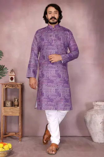 Purple geometric printed blended cotton kurta pyjama set for men